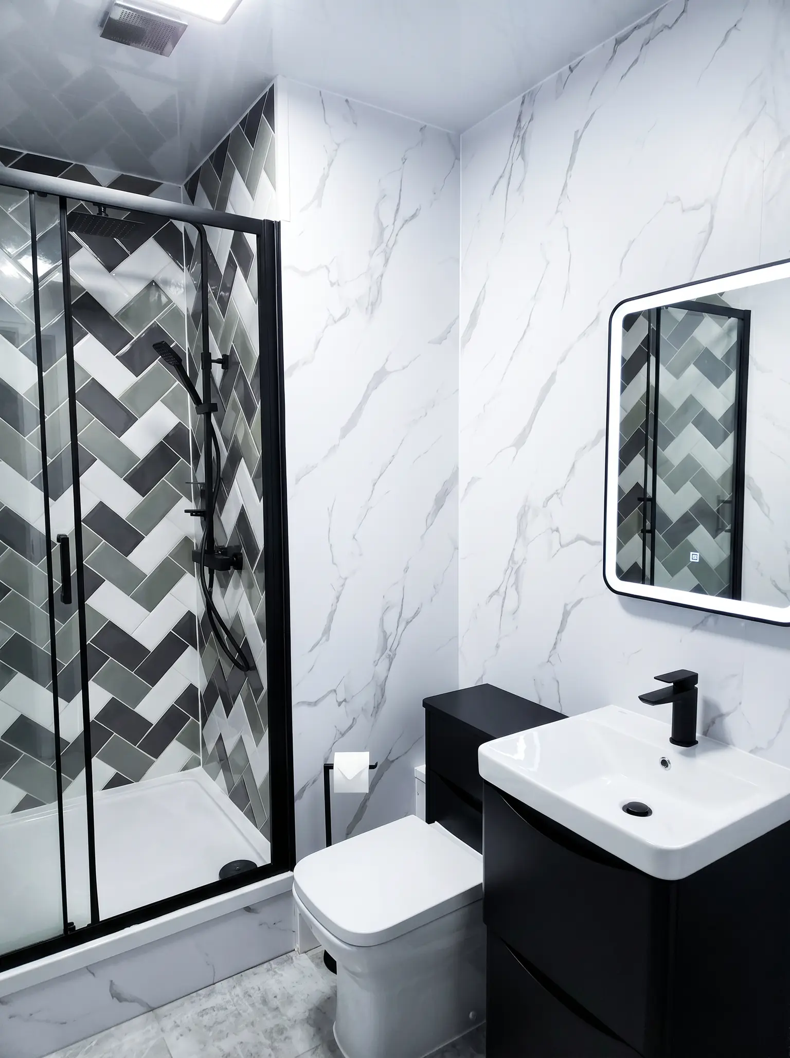 Luxury marble bathroom with walk-in shower